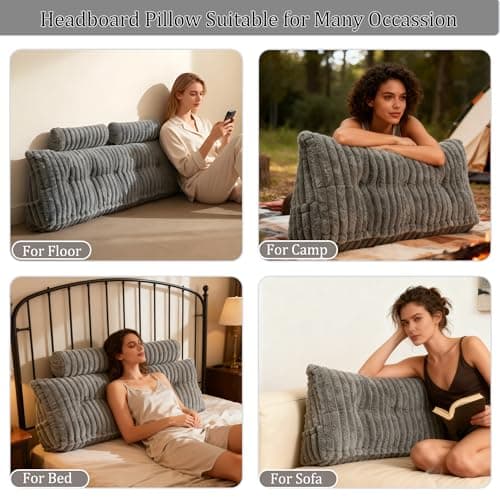 Headboard Pillow Twin, Triangular Wedge Pillow Headboard Faux Fur Backrest Pillows for Sitting in Bed,Reading or Working with 2 Pack Neck Bloster Pillows Removable Cover (Grey, Twin: 39x8x20 Inches) - Thumbnail 5