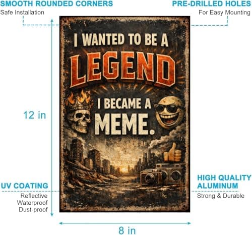 I Wanted To Be A Legend I Became A Meme Metal Tin Wall Plaque Vintage Funny Quote Urban Grunge Art Skull Camera City Scene 8x12 Inch Decor - Thumbnail 6