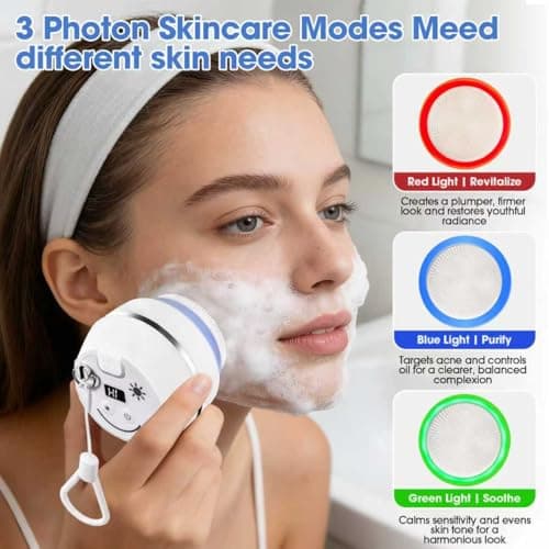 Electric Facial Cleaner with 6 Modes & 3 Light Effects, Rechargeable Waterproof Face Scrubber for Women and Men, Includes Extra Brush Head, Easy-Clean Hanging Design (White) - Thumbnail 2