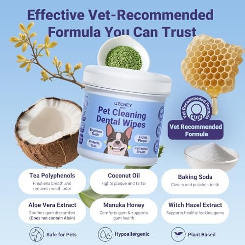 UZENEY Pet Teeth Cleaning Wipes for Dogs&Cats, 60 pcs Dental Finger Wipes, Larger Sized, Plant Extract Ingredients Refresh Breath & Control Plaque & Protect Gum, Dog Tooth Brushing Kit, Unscented - Thumbnail 2