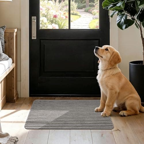 MatEssenz Door Mat Indoor Entrance 17"x29.5", Low Profile Washable Entryway Rug with Non-Slip Rubber Backing, Striped Woven Faux Linen Front Door Mat, Pet Friendly Dirt Trapper, Grey - Image 1