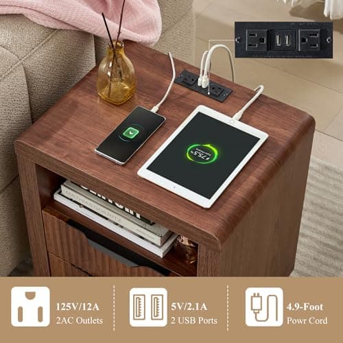 YANSNWO Walnut Nightstand with Charging Station, 23.6" H Modern Bedside Table with Thickened Curved Profile Design, End Table with 2 Drawers for Bedroom - Thumbnail 5