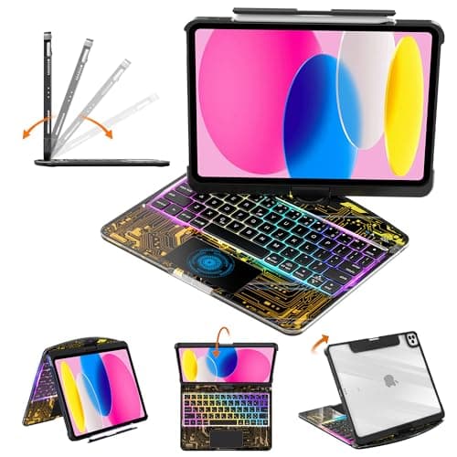 lambasa Clear Keyboard Case for iPad 10th Gen (2022/2025 10.9") & 11 inch (A16) 3-Brightness, 7-Color Backlight, Trackpad Wireless Bluetooth Keyboard with 360 Rotating Stand, Pencil Holder Black