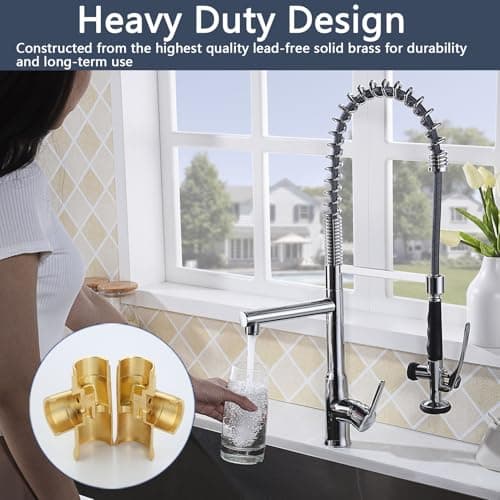Commercial Kitchen Faucet with 26.25" High Arch Pull-Down Sprayer, Solid Brass Single Handle Pre-Rinse Spring Kitchen Sink Faucet with Dual-Function Spray Head, Chrome Double-Headed Kitchen Faucets - Thumbnail 3