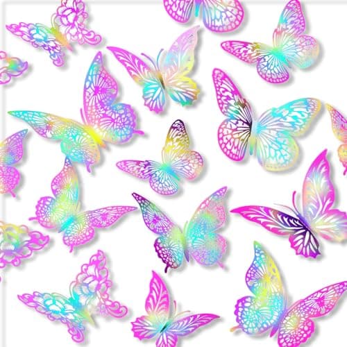 3D Butterfly Wall Decor 3 Sizes 4 Styles Butterfly Party Decorations Cake Decorations Removable Stickers Wall Decor Room Mural Metallic (Laser Pink Purple, 96Pcs) - Image 1