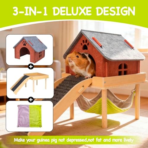 BESNEW 3 in 1 Enlarged Guinea Pig Hammock,Wooden Guinea Pig Hideout with House & Platform & Stairs Small Animal Toys for Hiding Sleeping Activities - Thumbnail 2
