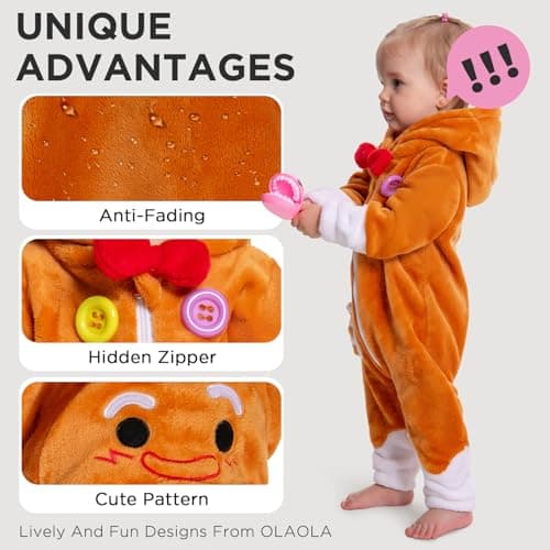 OLAOLA Baby Animal Costume Onesie, Unisex Toddler Gingerbread Romper, Plush Cosplay Dress Up Infant Outfits Christmas Halloween Costume - Thumbnail 2