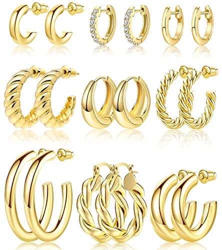 Adoyi Gold Hoop Earrings Set for Women Girls Trendy 14K Plated Gold Hoops Small Chunky Earrings Twisted Huggie Ear ring Pack Lightweight 9 Pairs Jewelry Set for Valentines Mother's Day Birthday Gifts - Image 1