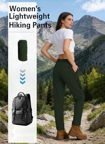 Hiking Pants Women Water Resistant UPF 50 Lightweight Quick Dry Cargo Travel Pants with 5 Zipper Pockets QYY25038 Army Green M - Thumbnail 5