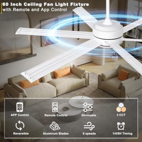 Ohniyou 60" Industrial Ceiling Fan with Lights - Remote & APP Control, Dimmable, DC Motor, Indoor Outdoor Fan for Patio Living Room, White - Thumbnail 2