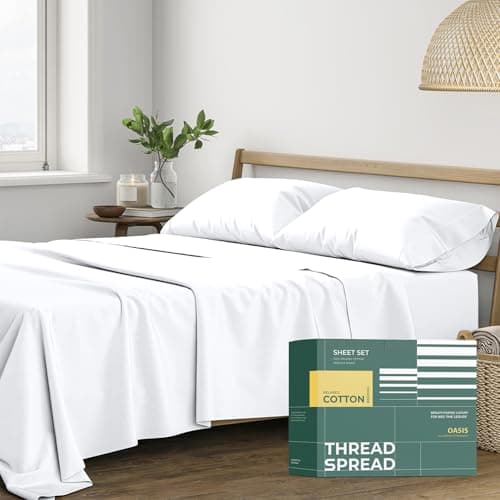 THREAD SPREAD 100% Organic Cotton Sheets California King Size - 4 PC Organic Cotton Cal King Size Percale Weave Sheet Set, Soft, Cooling & Crisp, 16" Deep Pocket Hotel Quality Bedding Set - White - Image 1