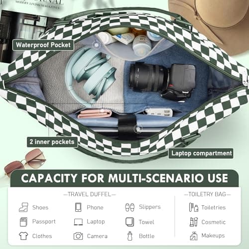 WOOMADA Weekender Overnight Bag for Women, Carry on Shoulder Travel Duffel with Shoes Compartment,Gym Bag with Toiletry Bag(green checkerboard) - Thumbnail 4
