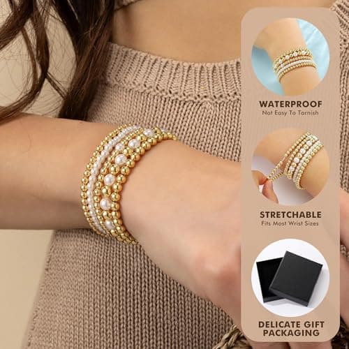 Yoosteel Gold Beaded Bracelets Set for Women - 14k Gold Plated Dainty Round Beaded Pearl Bracelet for Women Simplicity Stackable Jewelry Gifts（6 Pcs） - Thumbnail 5