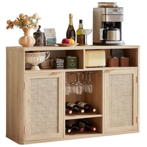 Lerliuo Rattan Wine Cabinet with 2 Doors, Boho Liquor Cabinet with Wine Racks, Farmhouse Coffee Bar Station for Living Room, Dining Room, Kitchen, Natural Wood - Image 1