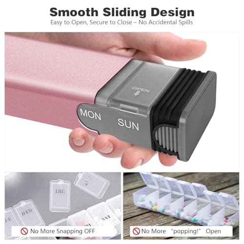 Weekly Metal Pill Organizer, Large Capacity 7 Day Travel Pill Organizer, Easy Open Secure Pill Box for Women, Adults & Seniors, Daily Pill Case (Pink) - Thumbnail 4