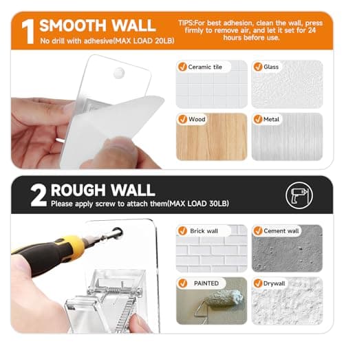 Universal Curtain Rod Holders, No Drill Curtain Rod Brackets, Self Adhesive Curtain Rod Brackets Up to 30 LB, Nail Free Curtain Rod Hooks for Bathroom, Bedroom, Livingroom, Kitchen (8PC, Transparent) - Thumbnail 5