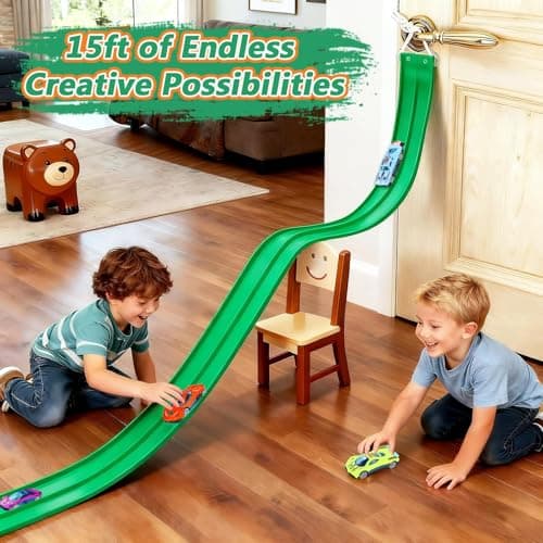 Flexible Race Track for Kids 15ft, FALDAA Toddler Car Tracks Compatible with Hot Wheels 1/64 Scale, Flextrack with 6 Cars and 6 Suction Cups, Portable Toy Car Ramp Sets for 3 Year Old+ - Thumbnail 5