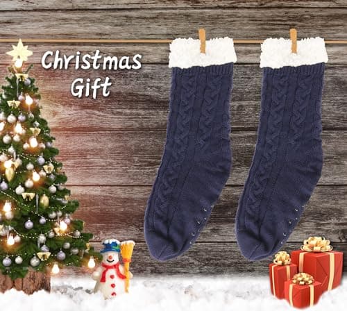 BenSorts Warm Slipper Socks for Men Fuzzy Socks With Grips Grippers Non Slip Sleep House Socks Soft Christmas Gift Stocking Stuffers Blue - Thumbnail 5