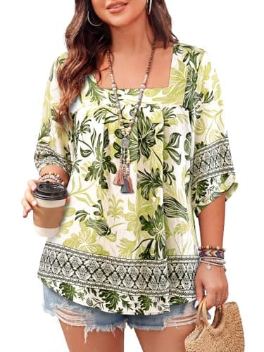 Bulotus Women's Plus Size Boho Tops Square Neck 3/4 Sleeve Loose Fit Vacation Blouse Soft Wrinkle-Resistant Travel Top 2026 Spring Summer, Green Floral, 5XL - Image 1