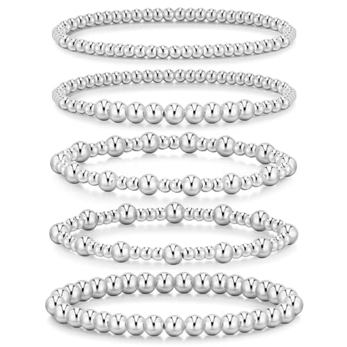 adoyi Silver Bracelets for Women Beaded Bracelet 14K Gold Plated Bracelet Stack Strand Stretch Bead Ball Bracelet Set Stackable Bracelet Adjustable Bracelet Set Jewelry for Women 7.25 inches - Image 1