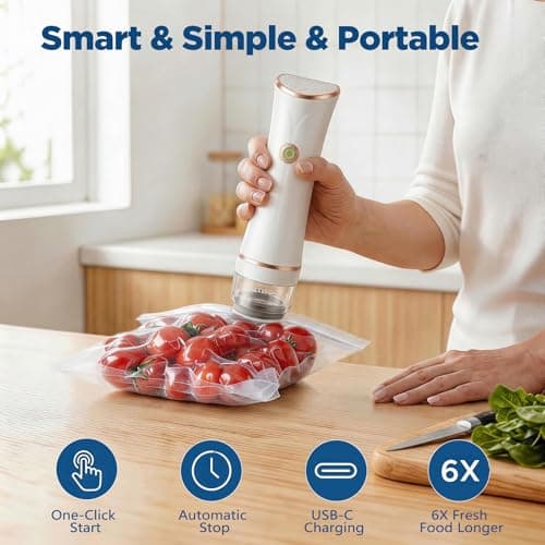 Compact Vacuum Sealer for Food with Visible Tank, Handheld Vacuum Sealer Machine, Includes 30 Reusable Bags, Seal Food 6X Fresh Longer, Wireless & Portable, Suitable for Kitchen and Travel, White - Thumbnail 2