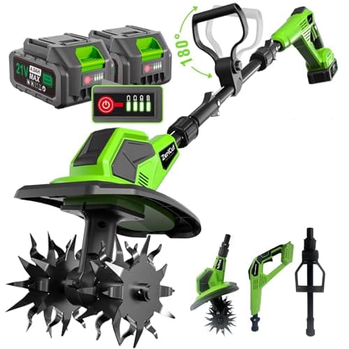21V Cordless Tiller Cultivator, 8.0Ah Total Power(2×4.0Ah Bat+Bat Charger), 360RPM Electric Garden Tiller,9" Width & 8.6" Depth, SK5 Steel Blades, 3-Stage Adjustable for Garden, Raised Beds & Lawns - Image 1