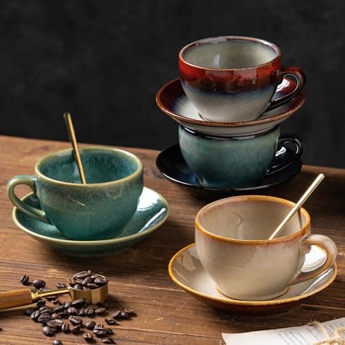 Tvvtuww Porcelain Coffee Cup with Saucer Spoon Set, Vintage Design Ceramic Latte Art Cappuccino Barista Espresso Tea Cup with Saucer (11.6 oz, 350ml, Ink red) - Thumbnail 6