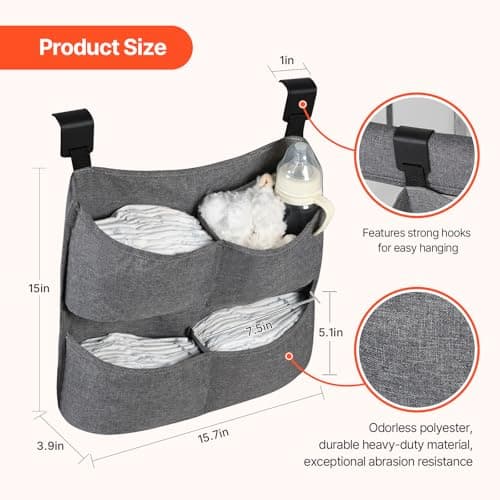cutebeams Hanging Diaper Caddy for Crib, Diaper Organizer for Changing Table, Bassinet, Stroller, Playpen accessories – Large Capacity Baby Diaper Caddy Organizer with 4 Deep Pockets - Thumbnail 5