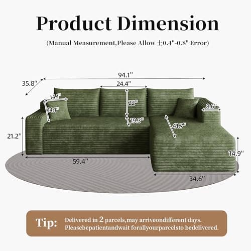 96" Cloud Sectional Small Couches for Small Space, L Shaped Sofa Green Corduroy Modular Boneless Couch with Chaise Deep Seat for Apartment and Livingroom, No Assembly Required (Right Facing Chaise) - Thumbnail 2