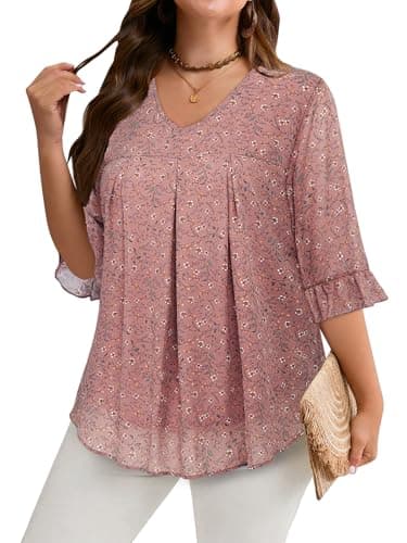 Amrto Plus Size Womens Tops Work Shirts for Women V Neck 3/4 Sleeve Business Casual Shirts for Women Fall Blouses 2025 Ladies Office Professional Office Vacation Interview, Pink Flowers, 3XL - Image 1