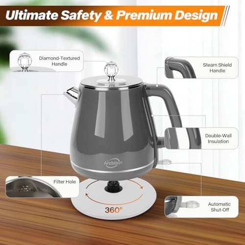 Electric Kettle 1.8L, Retro Electric Kettle for Boiling Water, 1350W Fast Boil, Stainless Steel Interior, BPA-Free, Auto Shut Off, Boil-Dry Protection, Gray - Thumbnail 5