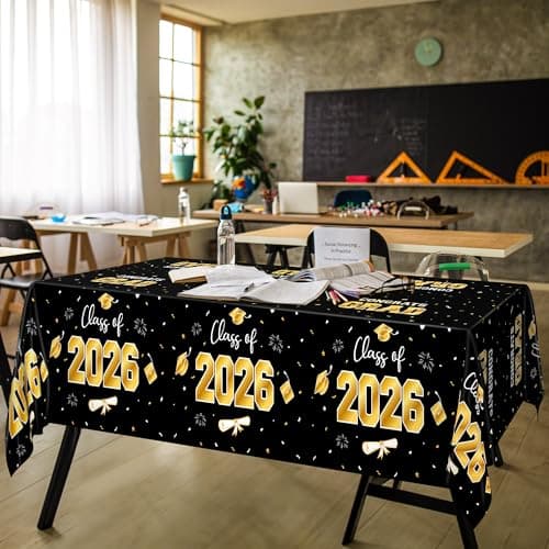 QZYL 4 Pack Graduation Decorations, 54" x 108" Black and Gold Rectangle Graduation Table Cloths, Plastic Tablecloth for College Congrats Grad, Disposable Grad Party Decorations for Class of 2026 - Thumbnail 6