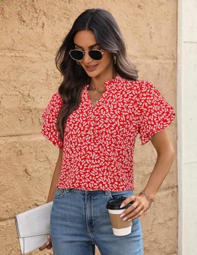 LOOKBOHO Womens Casual Red Tops Ruffle Short Sleeve V Neck Floral Blouses Fashion Summer Chiffon Office Shirts Red L - Thumbnail 5