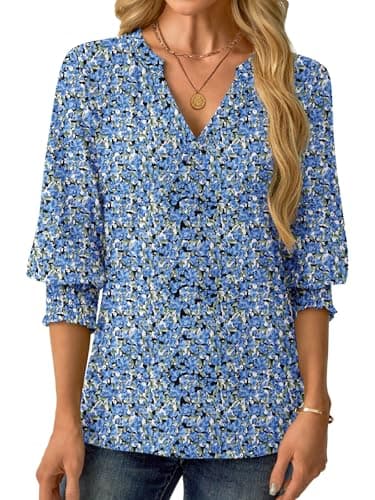 GKBK Womens 3/4 Sleeve Shirts V Neck Dressy Casual Spring Summer Blouses with Smocked Cuffs Blue Floral - Thumbnail 3