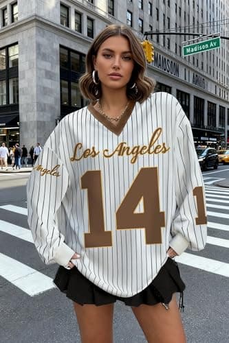 Jersey Shirts for Women Oversized Jersey Sweatshirts V Neck Striped Long Sleeve Casual Y2k Baggy Streetwear Tee Tops White-Brown - Thumbnail 2