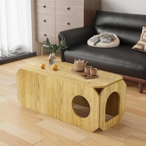 Coffee Table and Pet Entertainment Center Two-in-one,Rectangular Living Room Center Table,Four-sided Concave Corner Anti-collision Design,Suitable for Living Room Storage (Coffee table-Wood color) - Image 1