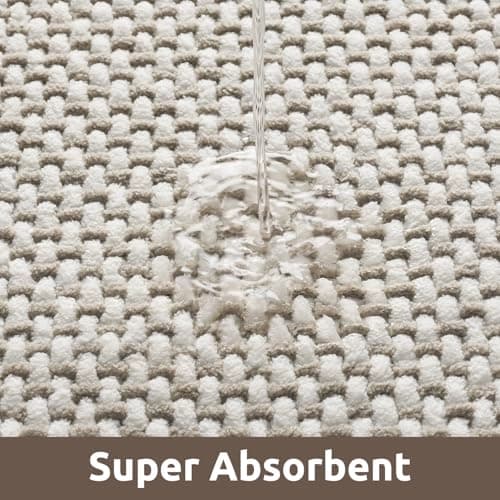 AMOAMI Chenille Bath Mat Super Absorbent Bathroom Mat Quick Dry Bath Mats for Bathroom Rubber Backed Bathroom Rugs Non Slip Washable Fit Under Door, Front of Bathtub, Sink, Beige&White 24"x36" - Thumbnail 3
