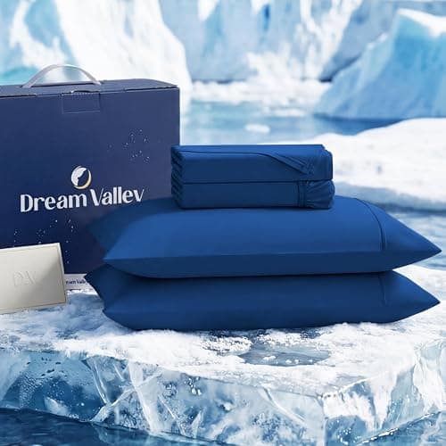 Dream Valley® Cooling Sheets Twin Size, Cooling Fitted Breathable Bed Sheets & Flat Sheet with 1 Pillowcase-3 PCS for Night Sweats & Hot Sleepers, Q-Max >0.45 Aerocool, Deep Pocket 16",Navy Peony - Image 1
