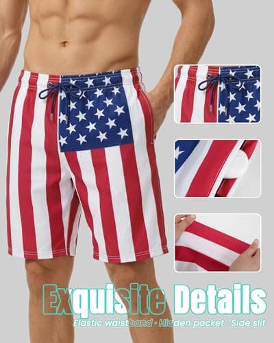 9 Inch 9in Men Swim Trunks Compression Liner Quick Dry Pocket Lined Inseam American Flag 4th July Red White Blue USA Patriotic Male Swimwear Swimsuit Swimtrunks Boardshorts Bathing Suit Beach Short - Thumbnail 6