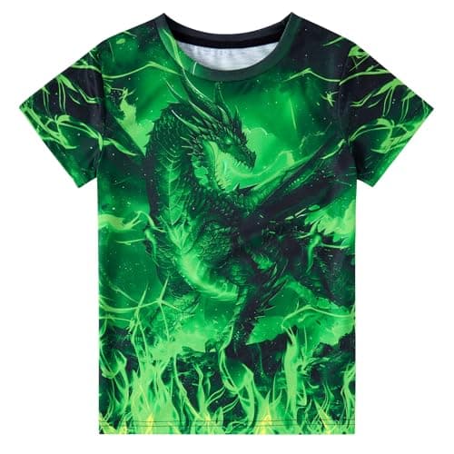 Funnycokid Boys Shirts Size 8-9 Kids T-Shirts Girls Neon Mysterious Fantasy Green Giant Dragon Digital Print Clothes Tops Tees Graphic Cool Youth - Image 1