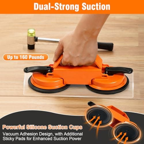 Floor Gap Fixer Tool, Dual 45°Striking Surface Floor Gap Repair Tool, Heavy Duty Suction Cup Plank Grabber with Acrylic Sticky Pads & Hammer for Laminate Vinyl Flooring - Thumbnail 6