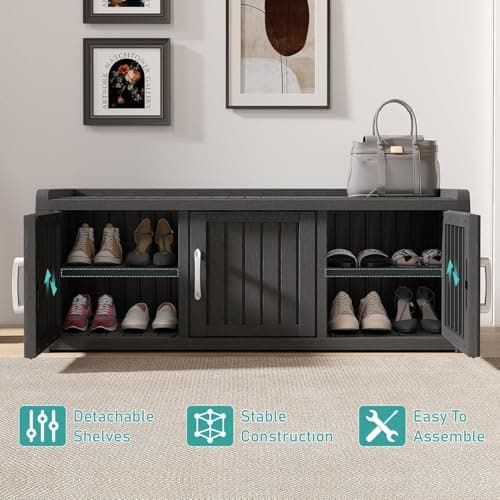 WTFGO Outdoor Shoe Bench, Weatherproof UV Protected Resin Entryway Shoe Storage Cabinet with 3 Doors, Multipurpose Shoe Organizer Seat for Porch Patio Hallway Indoor Bedroom, Matte Black - Thumbnail 5