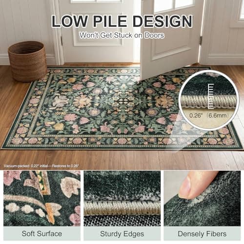 Cnythlis 9'x12' Washable Non-Slip Extra Large Living Room Rug, Vintage Floral 0.26" Low Pile Faux Wool Soft Carpet, Water Resistant for Big Dining Room Bedroom, Charcoal Green - Thumbnail 4