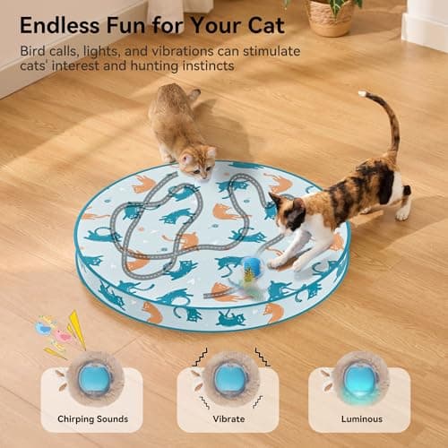 ZOMISIA Interactive Cat Toy Ball, Hide and Seek Cat Toys in Play Mat, Moving Rolling Kitten Toys for Indoor Bored Cats, Motion Activated Rechargeable Kitty Toys with 3 Tails/LED Light/Bird Chirping - Thumbnail 3