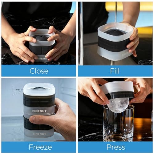 FINENUT Easy Release Ice Ball Maker Mold, 2 Pack, 2.5 Inch Large Round Ice Cube Mold for Whiskey & Cocktails, Stackable Lid, Leak-Resistant Silicone - Thumbnail 6