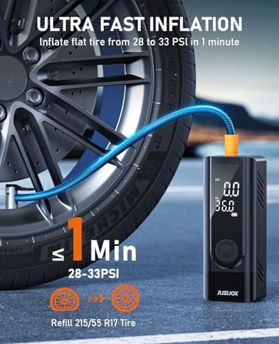 JUSUOX Tire Inflator Portable Air Compressor, Battery & 12V DC Dual Power Air Pump for Car Tires, 150PSI Cordless Bike Tire Pump with Digital Pressure Gauge, LED Light, for Motorcycle, Ball - Thumbnail 3