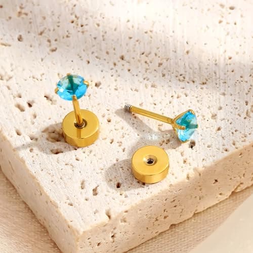 Handmade Tiny Flat Back Stud Earrings: 3 Pairs 14K Gold Plated Screw Flatback 2 3 4mm Cubic Zirconia Earrings Cartilage Piercing Jewelry for Women Helix Tragus Earlobe (3 Pairs-Aquamarine Blue CZ Stud-2/3/4mm) - Thumbnail 6