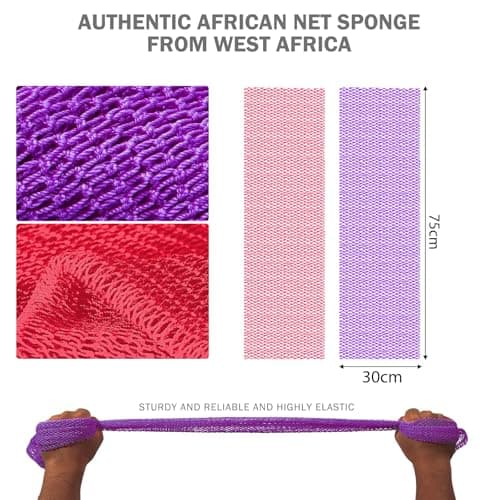 UJFQBH African Net Sponge 2-Pieces, Authentic Exfoliating Body Scrubber for Shower & Bath, Deep Cleansing Lather for Dead Skin Removal, Back Scrubber for Women & Men (Rose Red & Purple) - Thumbnail 3