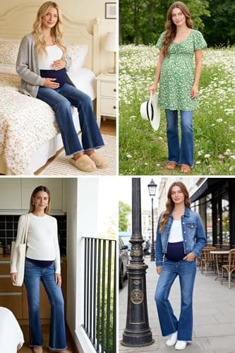 BLENCOT Maternity Denim Pants for Women Stretch Over Belly Pregnancy Jeans for Pregnant Womens Flare Bottom with Pockets Soft Comfort Fit P1005 Blue 2XL - Thumbnail 4