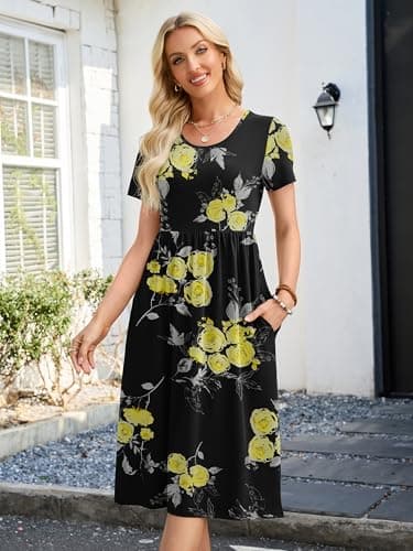 Heymoments Ladies Dresses Floral Print Large Wedding Guest Crewneck Short Sleeves A line Casual Flowy Swing Cocktail Slimming Birthday Party Summer Travel Long Midi Dresses with Pocket - Thumbnail 2